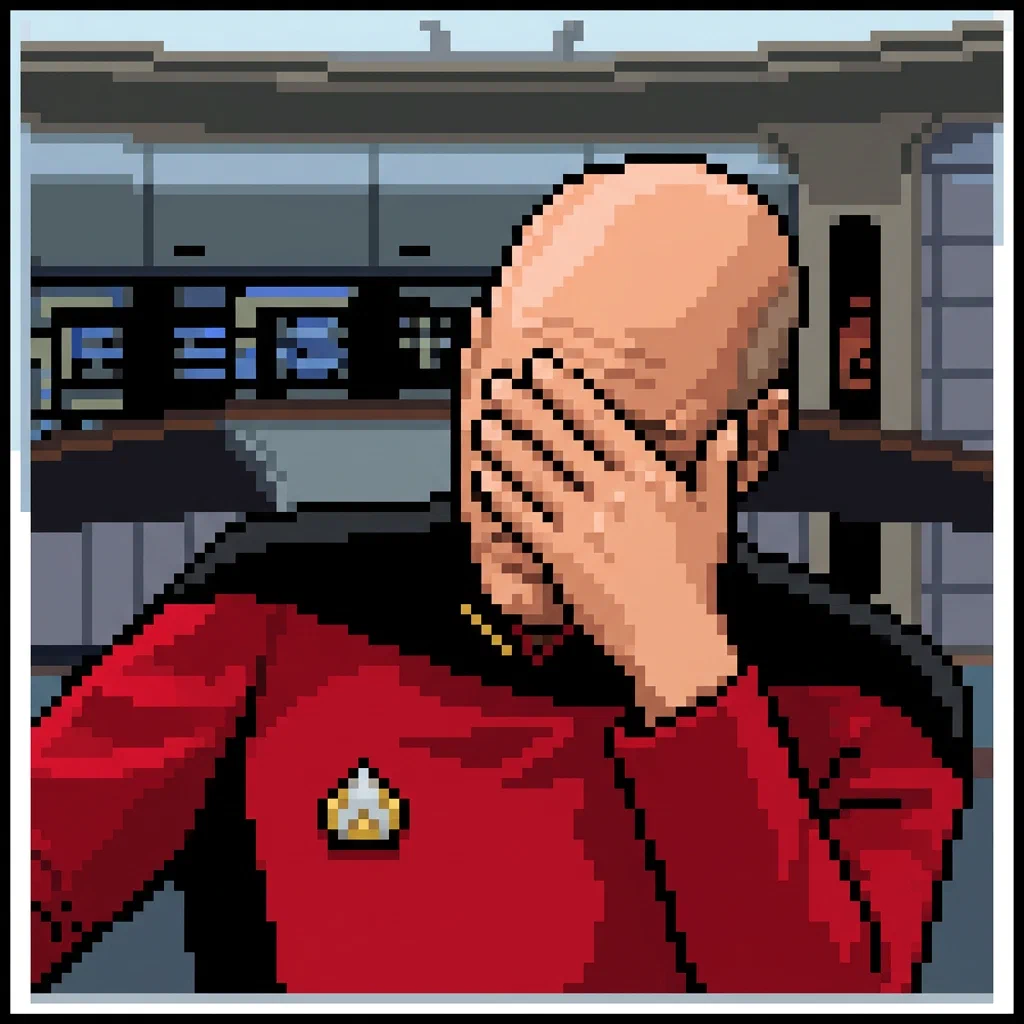 Pixel-art Captain Jean-Luc Picard facepalming on the bridge of the Enterprise